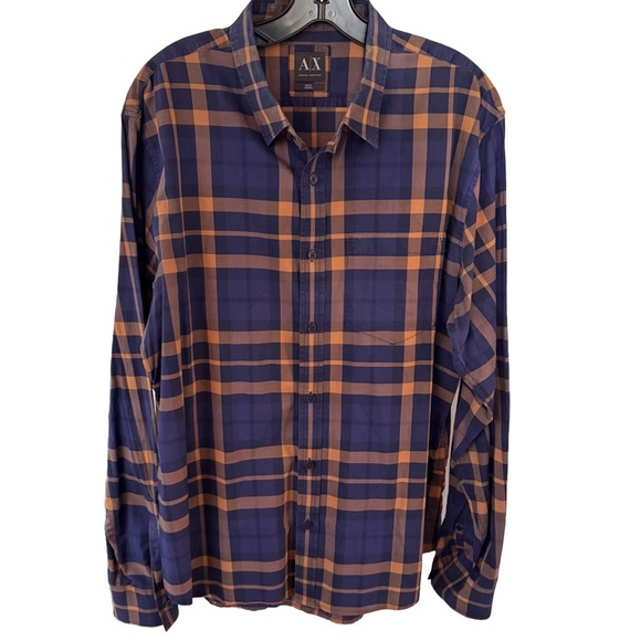 A/X Armani Exchange Men's Blue and Tan Button Down Long-Sleeved Shirt Size XL - Picture 1 of 10